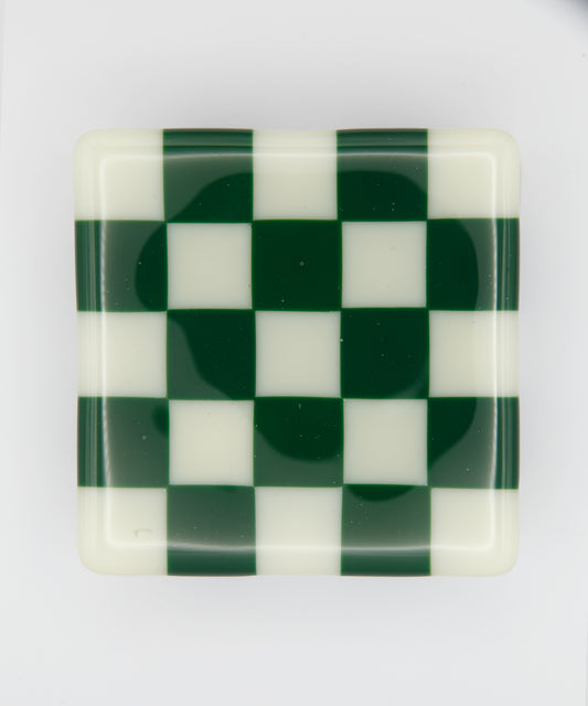 Goodwood Green & Cream Chequerboard Glass Coaster