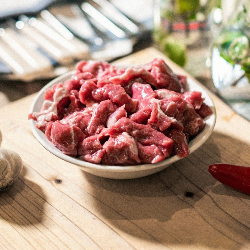 A bowl of diced organic grass-fed Sussex beef, available at the Goodwood Farm Shop.