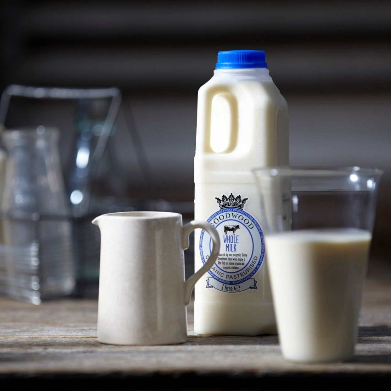 A litre bottle of Goodwood Organic Whole Milk from Goodwood Farm Shop.