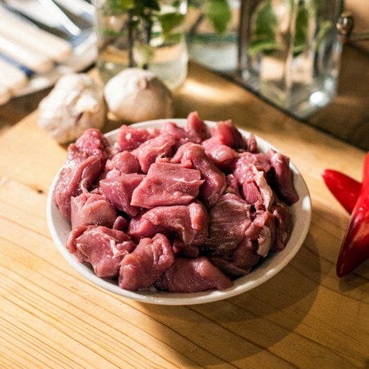 A bowl of diced organic grass-fed pork, available at the Goodwood Farm Shop.