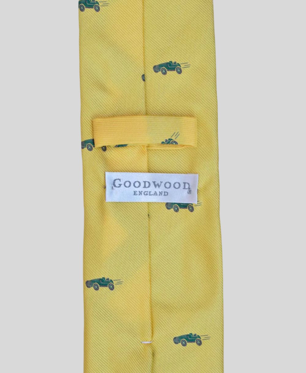 Goodwood Silk Cartoon Yellow Green Car Tie Label