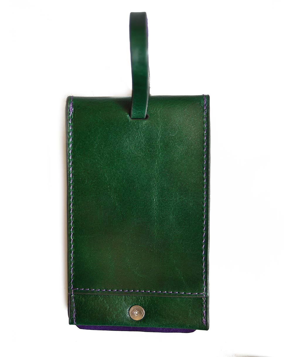 GRRC Leather Luggage Tag in Green & Purple Reverse View