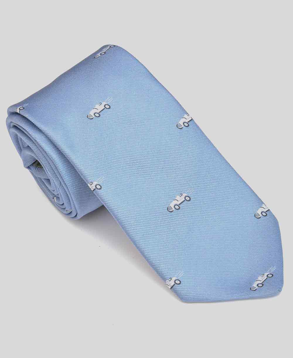 Goodwood Cartoon Car Light Blue & White Silk Tie