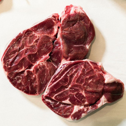 A top down view of Goodwood Farm Shop's organic shin of West Sussex grass-fed beef.