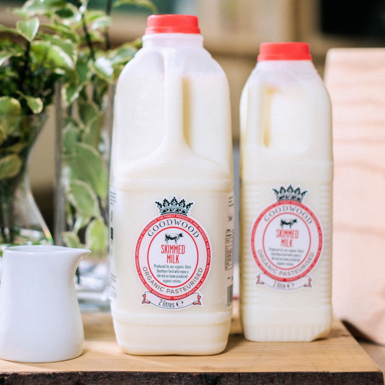 Close up of Goodwood Organic Skimmed Milk, available in 1 and 2 litre sizes, from Goodwood Farm Shop.
