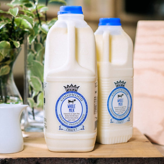 Close up of Goodwood Organic Whole Milk, available in 1 and 2 litre sizes, from Goodwood Farm Shop.