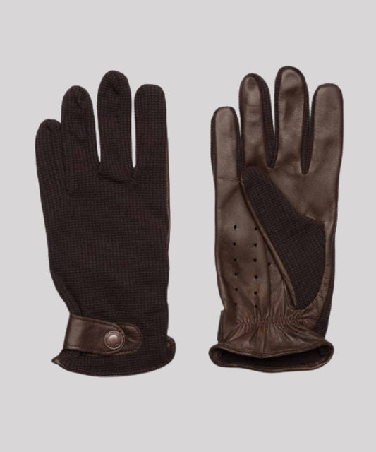 Leather Palmed Driving Gloves with Strap in Brown