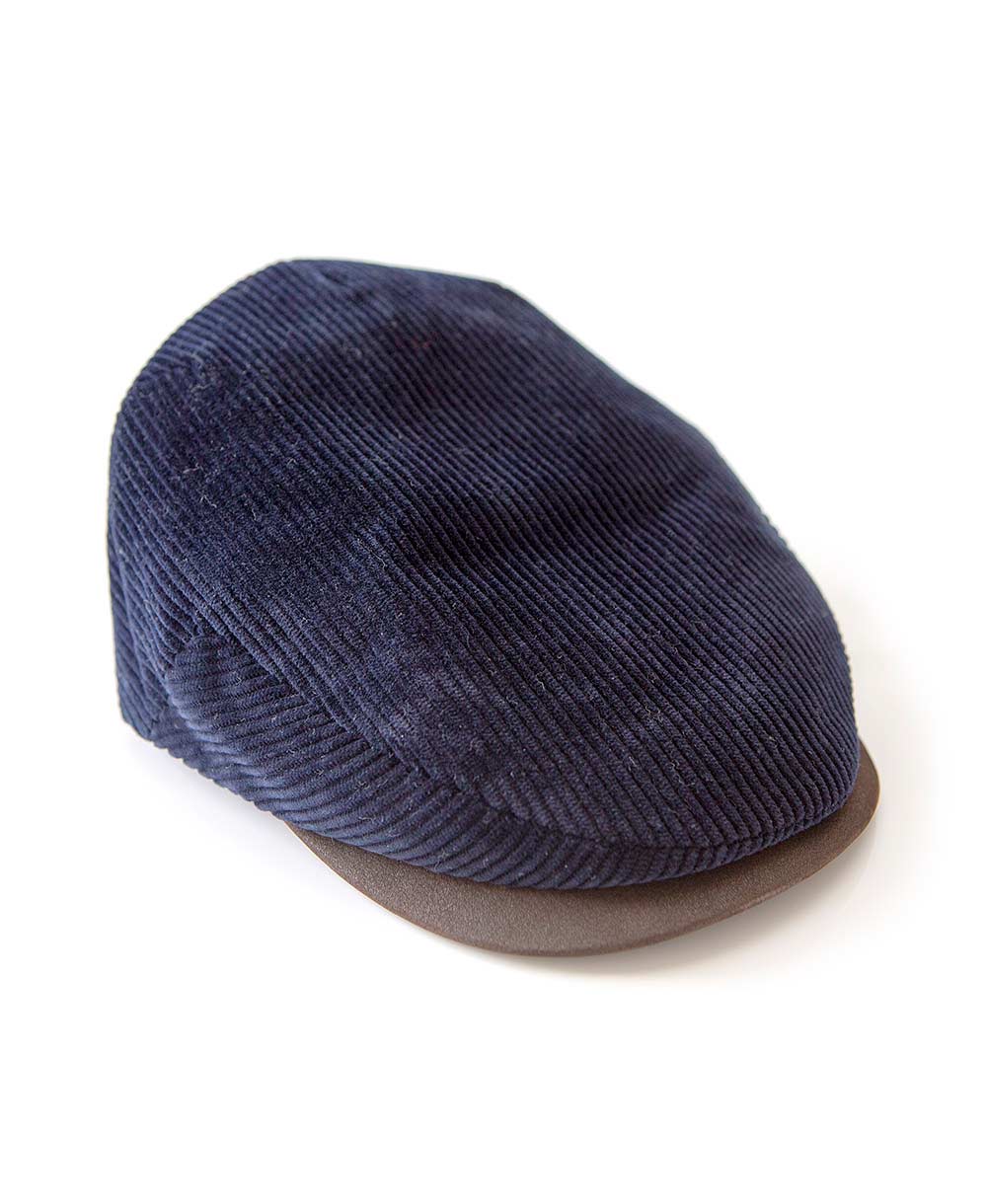 Corduroy Flat Cap with Leather Strap Navy