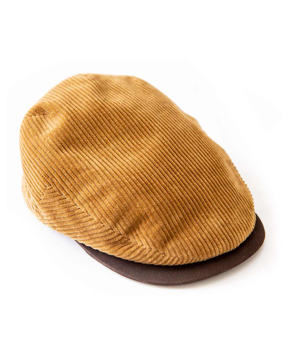 Corduroy Flat Cap with Leather Strap Tan