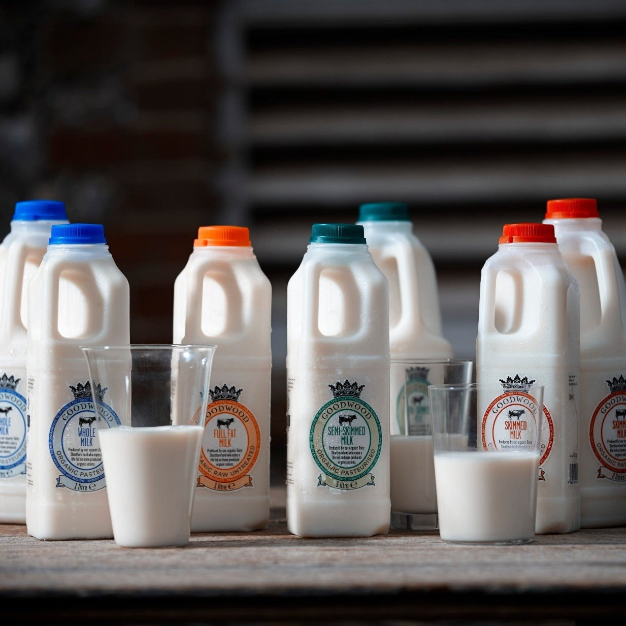 The variations available of Goodwood Organic Milk  - whole milk, semi-skimmed milk and skimmed milk.