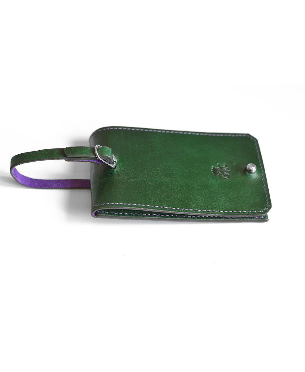 GRRC Leather Luggage Tag in Green & Purple Side View