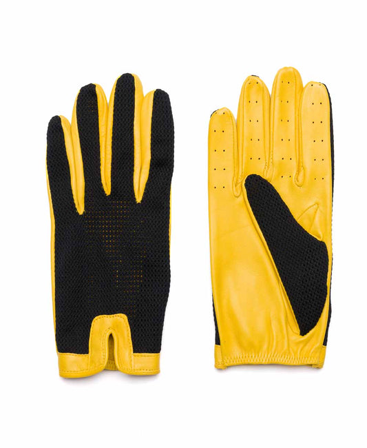 Leather Palmed Driving Gloves in Black & Yellow