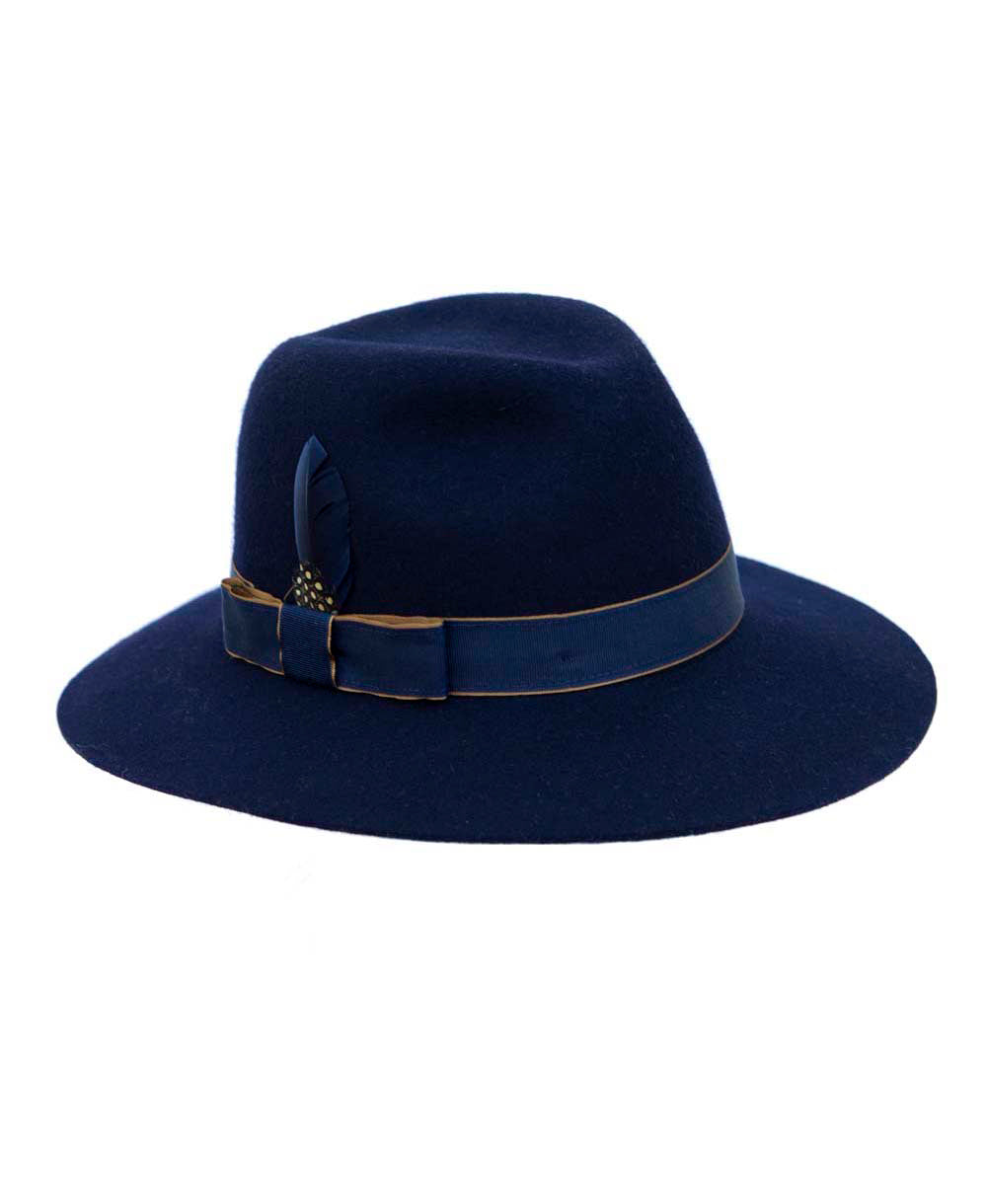 Goodwood Grayson Ladies Hat in Navy with Tan & Navy Ribbon and Blue Feather